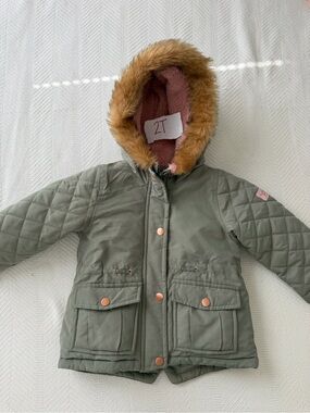 OshKosh B'gosh Olive Green Puffer Parka with Pink Lining & Faux Fur Hood